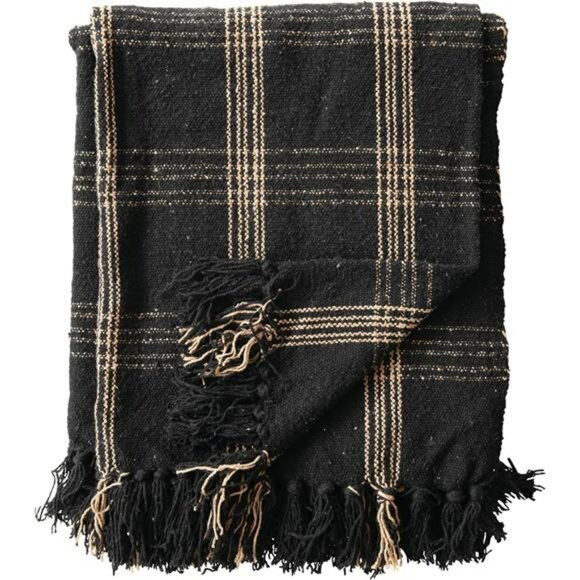 Plaid woven cotton throw blanket black tan fringe farmhouse rustic home decor 60 - Picture 4 of 8